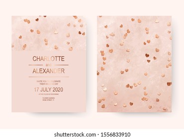 Romantic pink acrylic wedding invitation cards with rose gold hearts confetti.