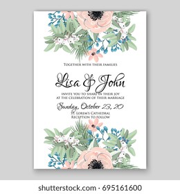 Romantic pink anemone peony bouquet bride wedding invitation template design. 