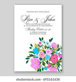 Romantic pink anemone peony bouquet bride wedding invitation template design. 