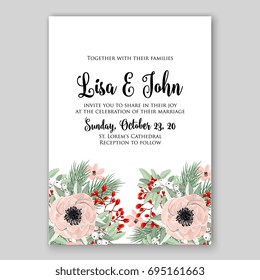 Romantic pink anemone peony bouquet bride wedding invitation template design. 