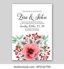 Romantic pink anemone peony bouquet bride wedding invitation template design. 