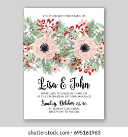 Romantic pink anemone peony bouquet bride wedding invitation template design. 