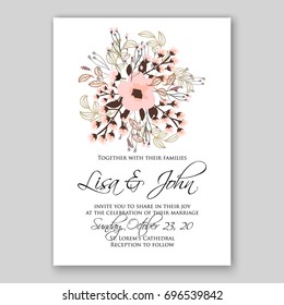 Romantic pink anemone peony bouquet bride wedding invitation template design. 