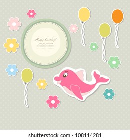 Romantic pink art hand drawing boy toy for invitation, greeting, album, children girl, happy birthday, old label, postcard, wall, frame, gift, backdrop, kid card, design element with text vector eps 8