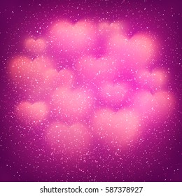 Romantic pink background with blurred hearts and dust elements. Vector illustration. Eps10.