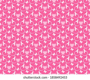 Romantic pink background with butterflies, flowers and hearts for your design, seamless wallpaper texture. Vector image