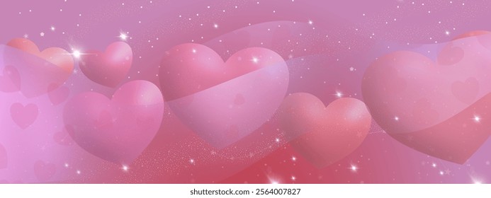 Romantic pink background featuring large glowing hearts, soft gradients, and twinkling star-like sparkles. Perfect for Valentine’s, love-themed designs, and romantic celebrations.