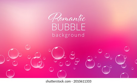 Romantic pink background with fizzing bubbles. Valentine card template. Vector realistic illustration.