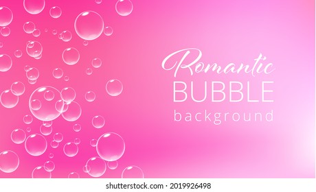 Romantic pink background with fizzing bubbles. Valentine card template. Vector realistic illustration.