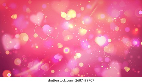 Fundo rosa romântico com formas de coração flutuante, luzes bokeh douradas e brilhos para projetos de namorados ou casamento. Círculos desfocados, raios de luz e símbolos de amor para cartões românticos.