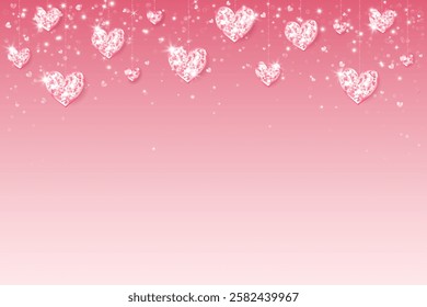 Romantic pink background with glitter hearts decoration. Valentines day shining frame, border. Wedding string ornaments. Mothers day garland. Vector.