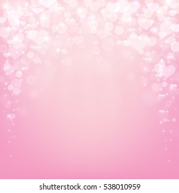Romantic pink background with hearts, bokeh lights, stars and sparkles. Vector illustration.