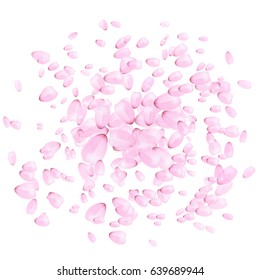 Romantic pink background with petals of cherry blossoms on white backdrop, vector illustration