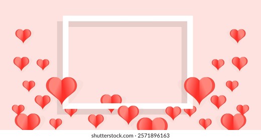 Romantic Pink Background with Red Paper Hearts and Frame