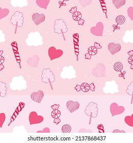 Romantic pink background with a seamless pattern featuring delightful elements like cotton candy, lollipop, and heart shapes. Perfect for sweet-themed designs in print, textiles, and digital projects.