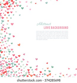 Romantic pink and blue heart background. Vector illustration for holiday design. Many flying hearts corner on white background. For wedding card, valentine day greetings, lovely frame.