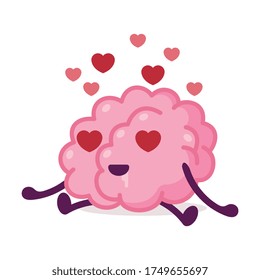 Romantic Pink Brain with Heart Shaped Eyes, Funny Human Nervous System Organ Cartoon Character Vector Illustration on White Background