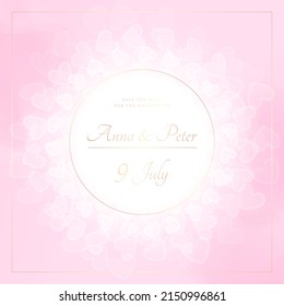 Romantic Pink Bridal Banner. Scattering of Shiny White Hearts. Round Gold Frame. Wedding Background. Valentines Day Design. Vector Illustration.