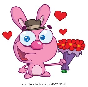 Romantic Pink Bunny Smiling And Holding Out Flowers