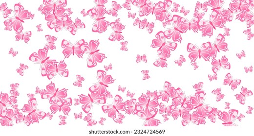 Romantic pink butterflies cartoon vector background. Spring pretty insects. Wild butterflies cartoon dreamy illustration. Gentle wings moths graphic design. Garden creatures.