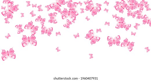 Romantic pink butterflies flying vector illustration. Spring beautiful moths. Wild butterflies flying fantasy wallpaper. Gentle wings insects patten. Fragile beings.