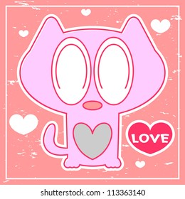Romantic pink card with cute kitten
