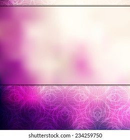 Romantic pink card or invitation template with nice decorative pattern and blurry background.