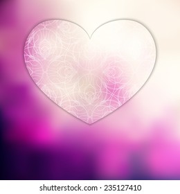 Romantic pink card or invitation template with nice decorative pattern and big heart. Fully editable.