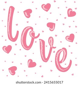 A romantic pink card sticker with Love and pink hearst spread vector illustration