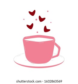 Romantic pink cup for coffee or tea with flying hearts of love. For Valentine's Day. Nice vector illustration. Great for love cards, flyers, design.