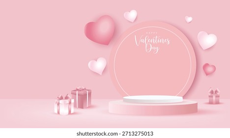 Fondo rosa romántico del día de San Valentín con corazones 3D, cajas de regalo y un podio redondo, perfecto para el amor, la celebración y los diseños temáticos de vacaciones.