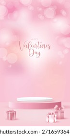 Fondo rosa romántico del día de San Valentín con luces suaves del bokeh, Formas del corazón, exhibición del podio y cajas de regalo. Elegante telón de fondo festivo para la presentación del producto.