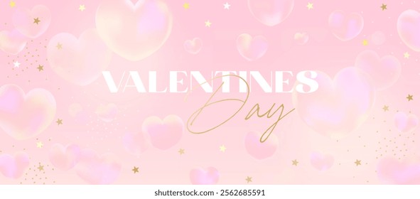 Romantic pink Valentine’s Day banner with soft hearts, golden stars, and pastel gradients for cards, invitations, or love-themed designs