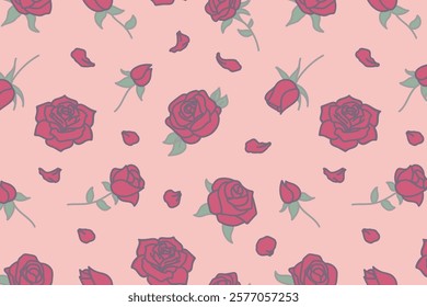 Romantic pink Valentine’s Day pattern with red roses and scattered green leaves. Playful and soft design.