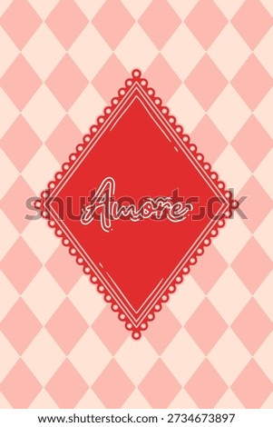 Romantic pink diamond pattern poster with red geometric frame and amore typography design