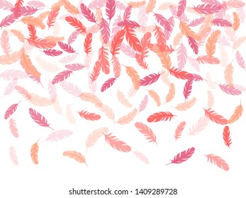 Romantic pink flamingo feathers vector background. Quill plumelet silhouettes illustration. Bird wing plumage boho line art. Flying feather elements airy vector design.