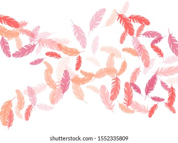 Romantic pink flamingo feathers vector background. Flying feather elements airy vector design. Decoration confetti of carnival plumelet. Bird wing plumage boho line art.