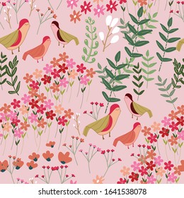 Romantic in pink flower and bird seamless pattern design. Can use for print, template, icon, presentation, banner, poster, wallpaper