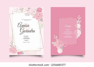 flor rosa romántica Plantilla de la tarjeta de invitación de boda con hermosas hojas florales Premium Vector