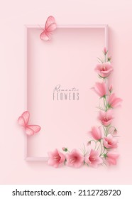 Romantic pink flowers campanula, beautiful butterflies and frame on a pink backdrop. Floral corner frame. Template for greeting card, invitation, spring design, mother's day card and any celebrations