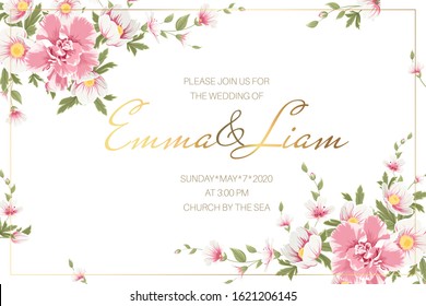 Romantic pink flowers wedding invitation card. Camelia anemone hipsophila flowers marriage event card.