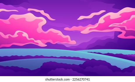 Romantic pink fluffy clouds over the fields. Evening stormy weather.