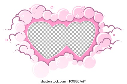 Romantic pink  frame hearts template. Vector illustration for love holiday design. Empty hearts for photo insert on transparent background. Wedding card, valentine's day greetings, lovely frame.