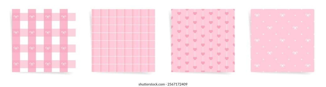 Romantic Pink Gingham and Hearts Seamless Patterns with Bows and Dots