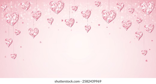 Romantic pink glitter background with hearts decoration. Valentines day frame, border. Wedding string ornaments. Mothers day garland. Vector.