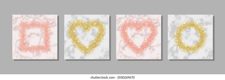 Romantische Rosa- und Goldglanzrahmen. Vorlagen für Grußkarten und Geburtstagskarten, Urkunden, Einladungen, Geschenkgutscheine und Cover.