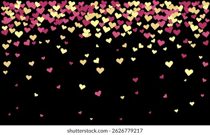 Romantic pink and gold hearts falling on black background. Perfect for Valentines Day, wedding invitations, or celebratory designs.  A whimsical, joyful image conveying love and happiness.