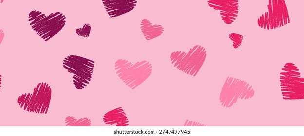 Romantic Pink Hand-Drawn Heart Pattern Background. A charming vector illustration featuring various shades of pink and magenta hearts in a sketchy, doodle style. Perfect for Valentine's Day, wedding invitations,