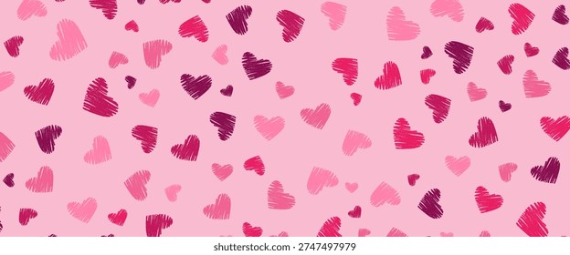 Romantic Pink Hand-Drawn Heart Pattern Background. A charming vector illustration featuring various shades of pink and magenta hearts in a sketchy, doodle style. Perfect for Valentine's Day, wedding invitations,
