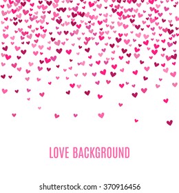 Romantic pink heart background. Vector illustration for holiday design. Many flying hearts on white background. For wedding card, valentine day greetings, lovely frame.